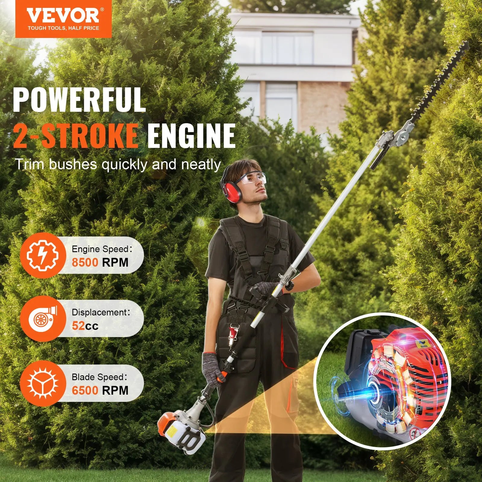 6-in-1 Gas Yard Tool: Trimmer, Brush Cutter, Hedge Trimmer & Pole Saw
